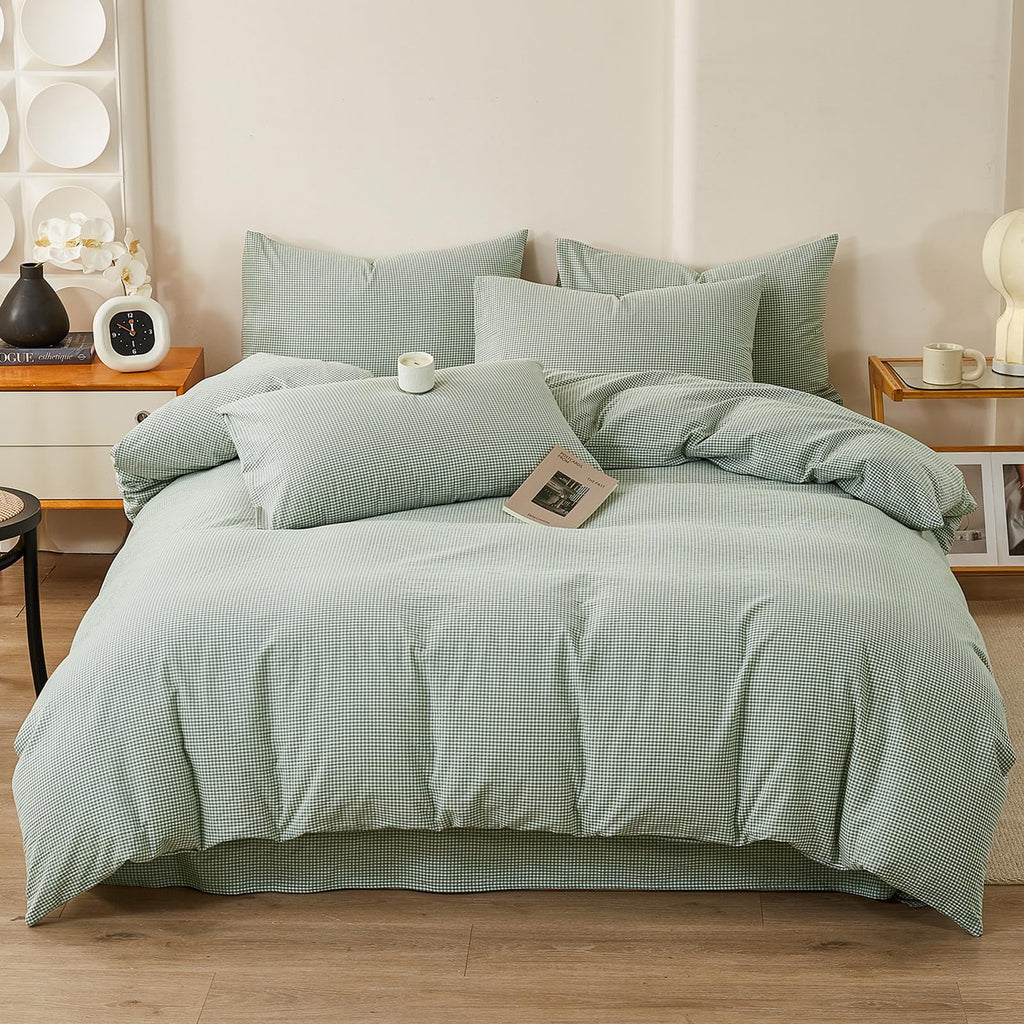 Mint Green Gingham Duvet Cover Set - 3 Piece Washed Cotton Linen Like Plaid Bedding Set with Zipper, Soft &