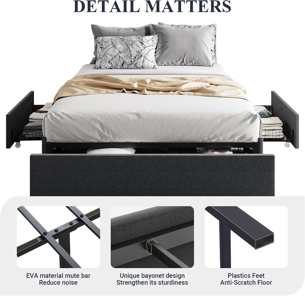 Queen Platform Bed Frame with 3 Storage Drawers, Fabric Upholstered, Wooden Slats Support, No Box Spring Needed