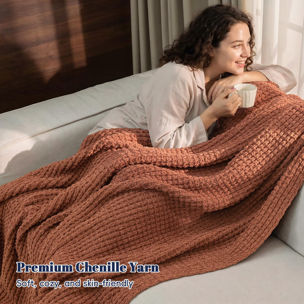 Soft Chenille Waffle Knit Throw Blanket for Sofa, Warm, Terracotta