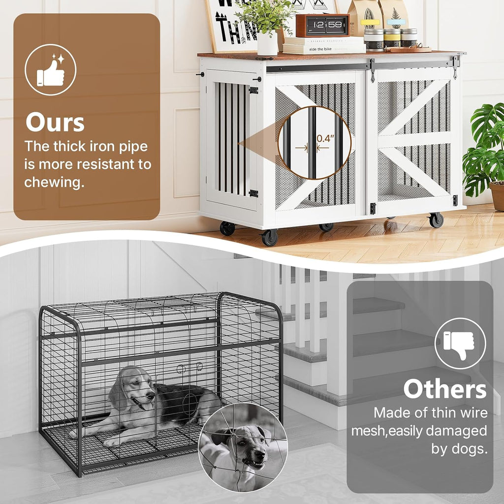 48 Inch XL Dog Crate, Wood XXL Dog Crate Furniture with Wheels, Flip-Top Feeding Door, Removable Divider, Farmhouse