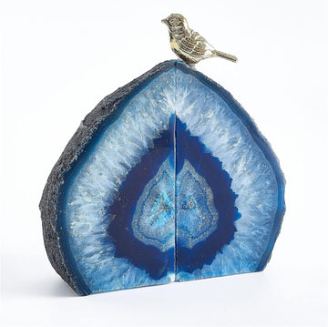 Blue Agate Bookends for Shelves, Geode Crystal Book Ends for Heavy Books, Stone Decor with Rubber Bumpers 1 Pair