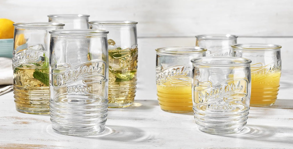 Original Mason Set of 8 Drinking Glasses 4-20 Oz Highball Glasses, and 4-13 Oz Whiskey Glass Cups For Everyday Home