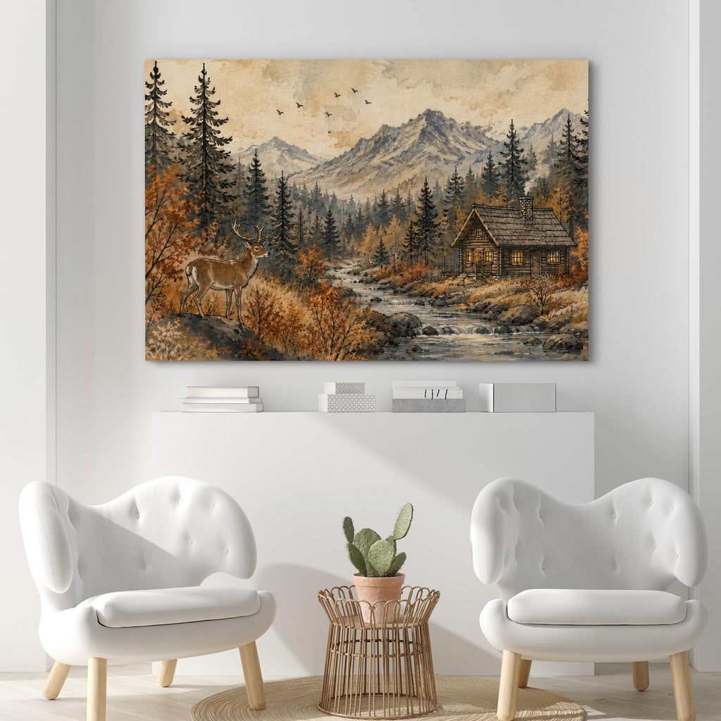 Canvas Print Wall Art Rustic Mountain Cabin Deer Autumn Forest Decorative Scenic Multicolor Landscape Rustic