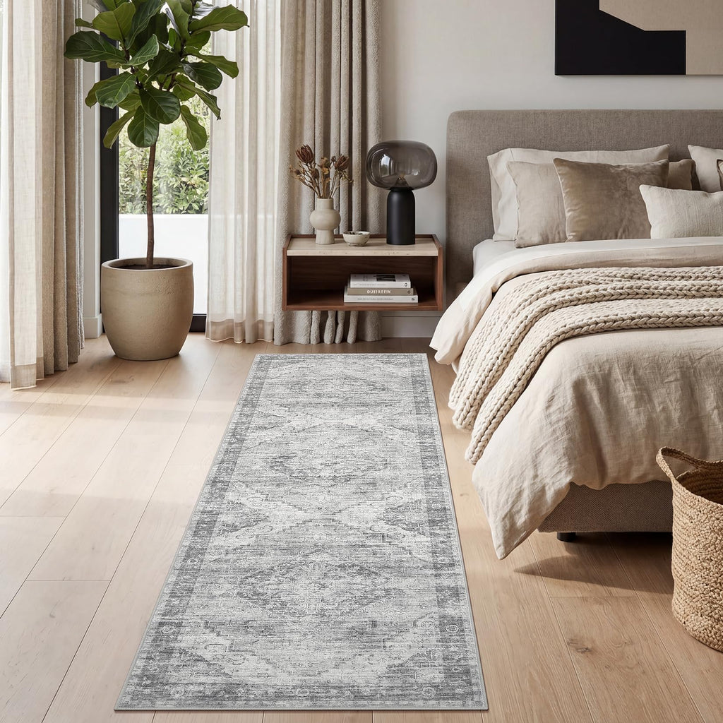 Grey Boho Washable Runner Rug Hallways Entryway