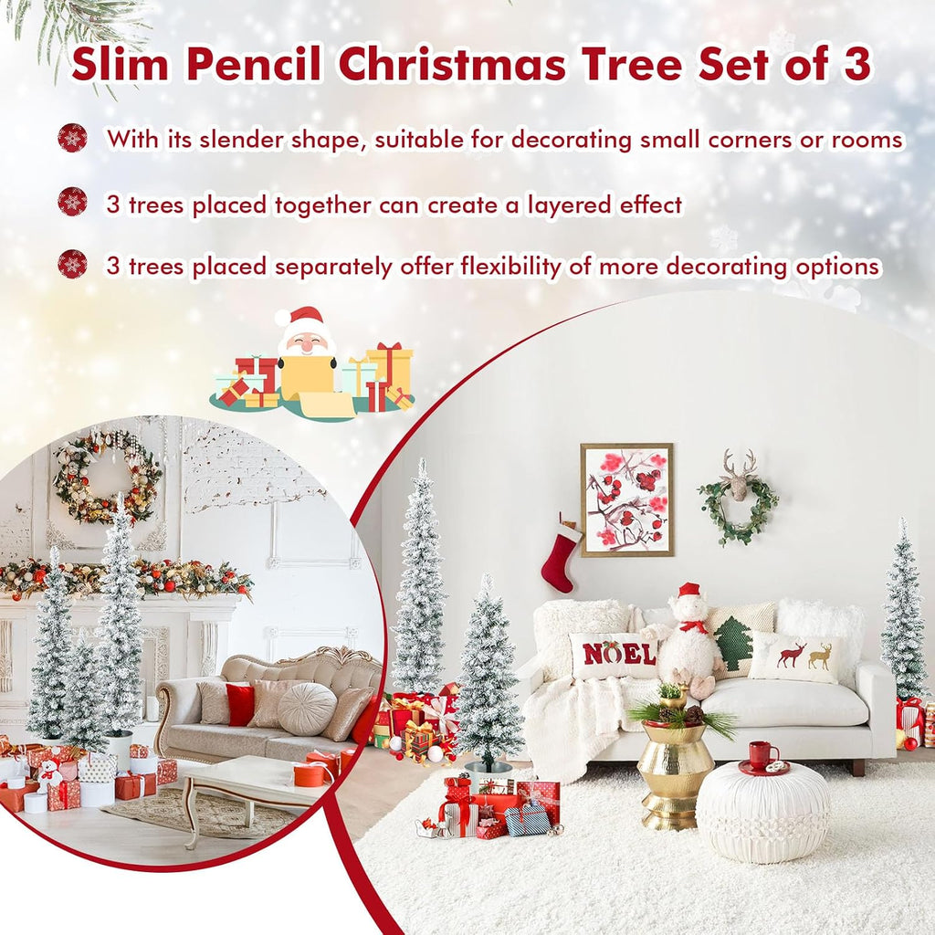 Set of 3 Artificial Snow Flocked Christmas Tree, 3' 4' 5' Slim Pencil Xmas Tree with Silver Metal Buckets, Faux