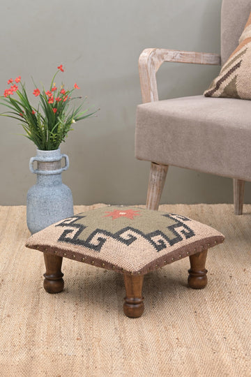 Upholstered Ottoman Footstool with Tribal Aztec Fabric | Rustic Wooden Accent Stool with Turned Legs | Decorative