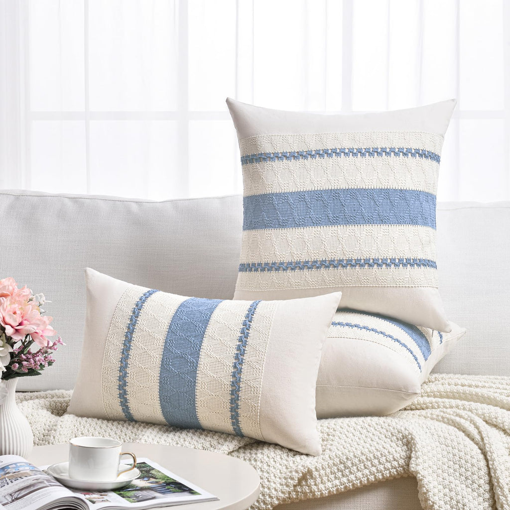 Set of 2 Boho Light Blue Decorative Throw Pillow Cover 22x22 Inch for Couch Bed Sofa, Aesthetic Modern Organic