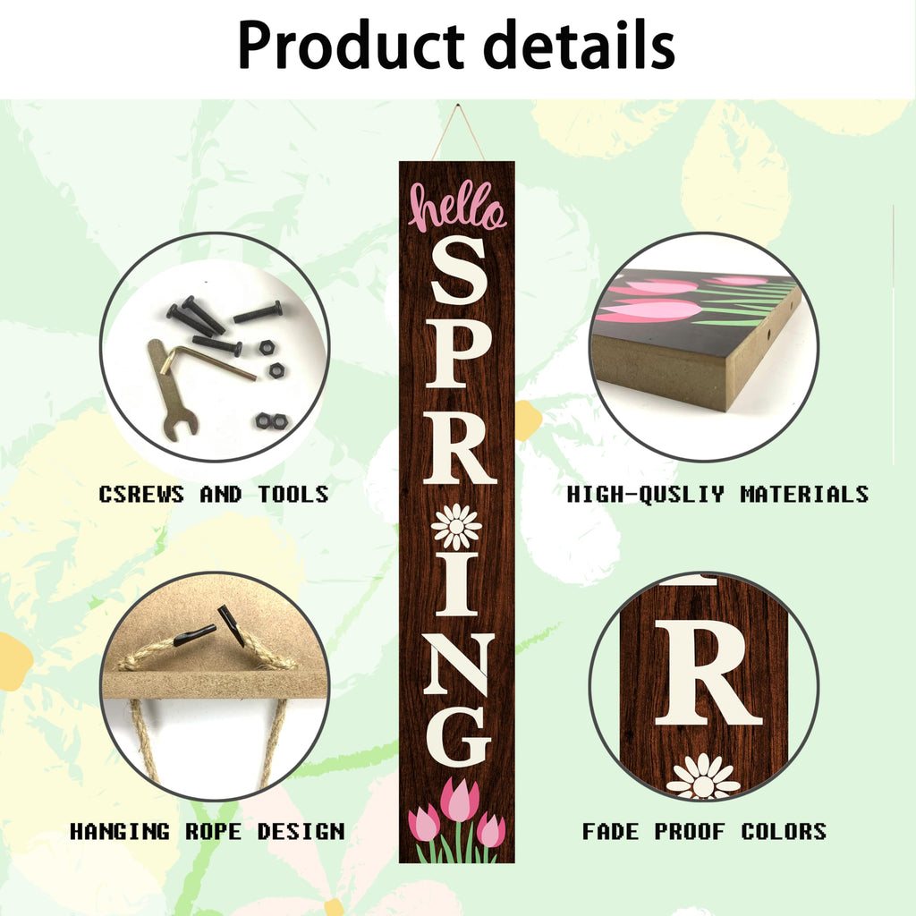 Hello Spring Wooden Porch Sign 47" Tulip Large Welcome Sign Vertical Indoor Outdoor Standing Sign For Garden Home