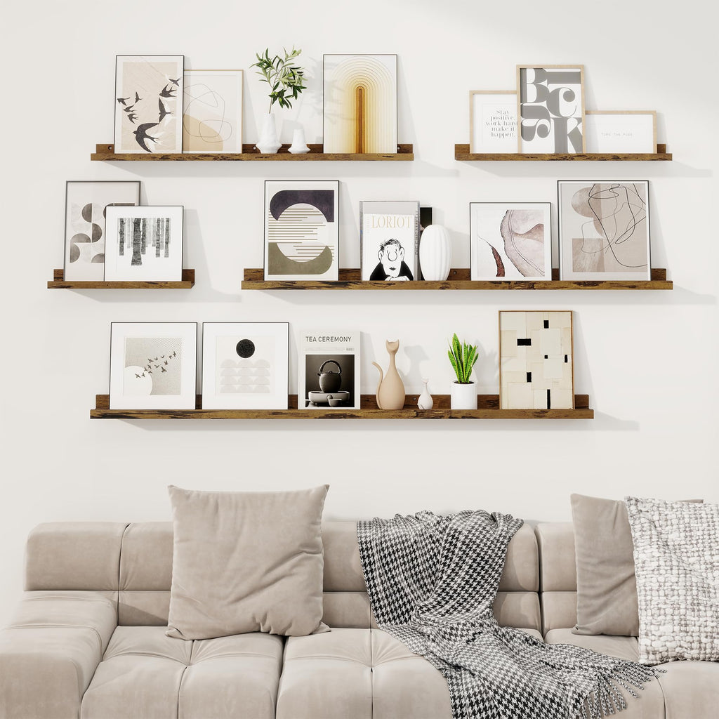 Picture Ledge Shelf, 32 inch Floating Wood Shelves Set of 2, Rustic Brown