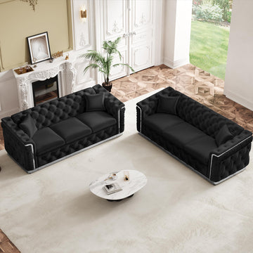 Chesterfield Sofa Set of 2, Luxury Black and Silver Couch, Black