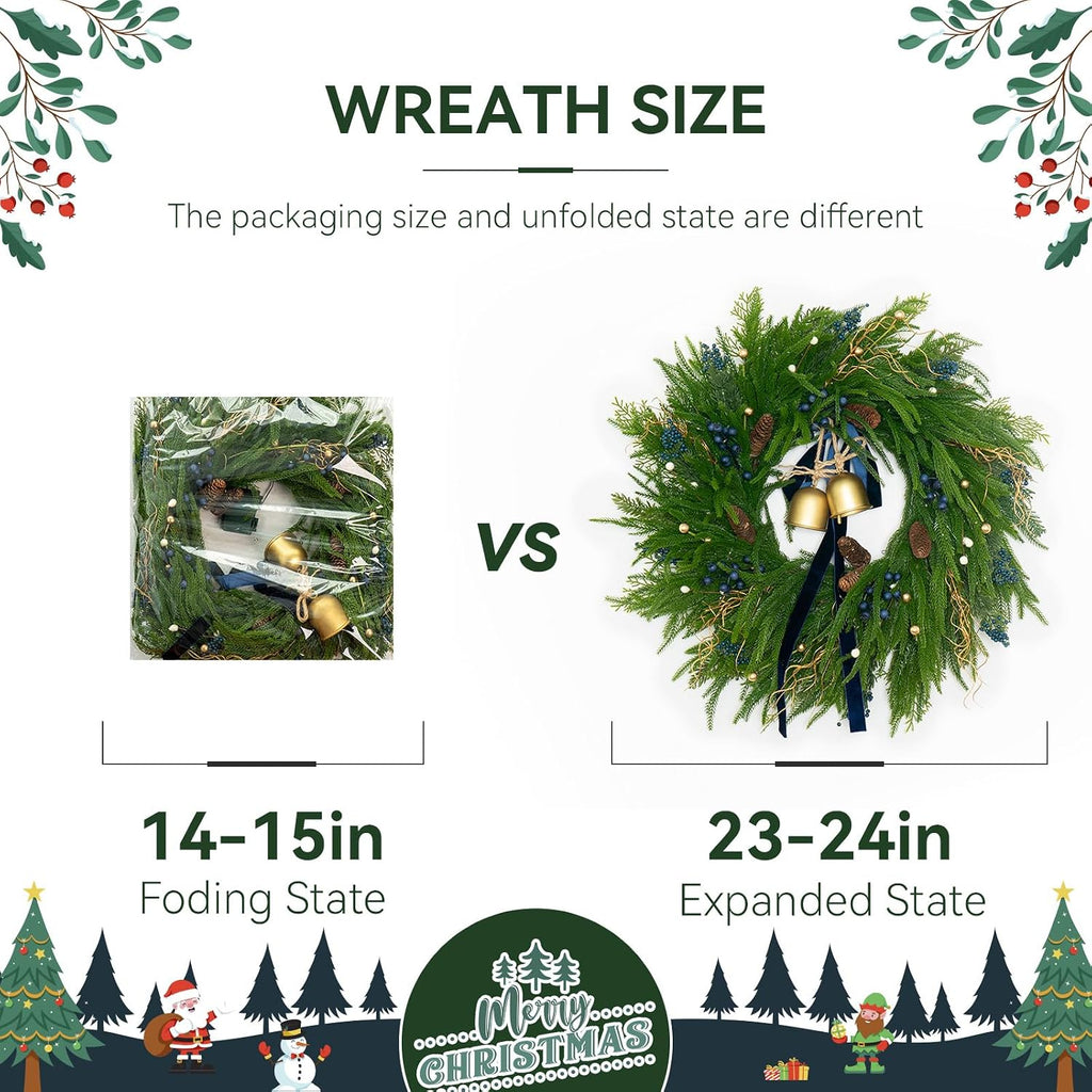 24 Inch Pre-Lit Norfolk Pine Christmas Wreath for Front Door, Artificial Plants Green Christmas Wreath with Lights