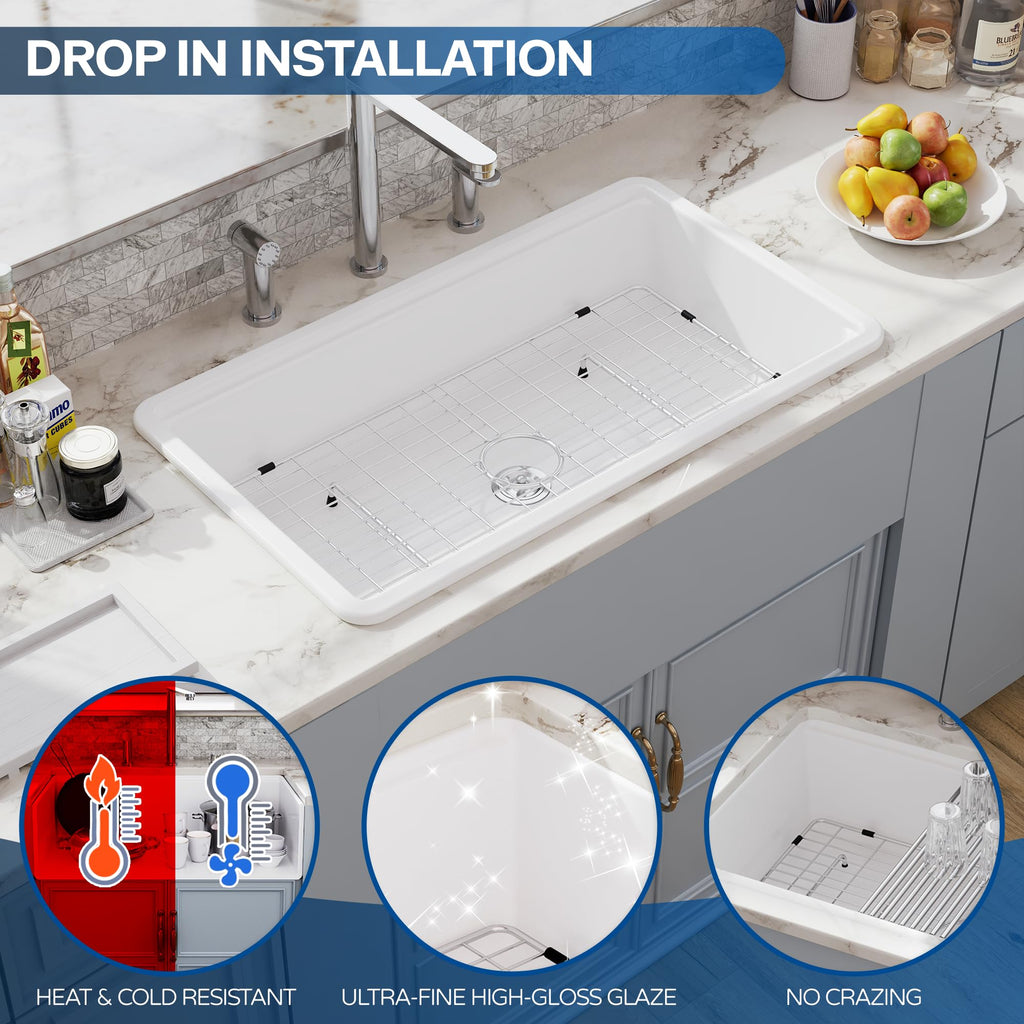 33 White Undermount Workstation, Topmount & Undermount 33x19 inch White Porcelain Ceramic Fireclay Sinks Dual Mount
