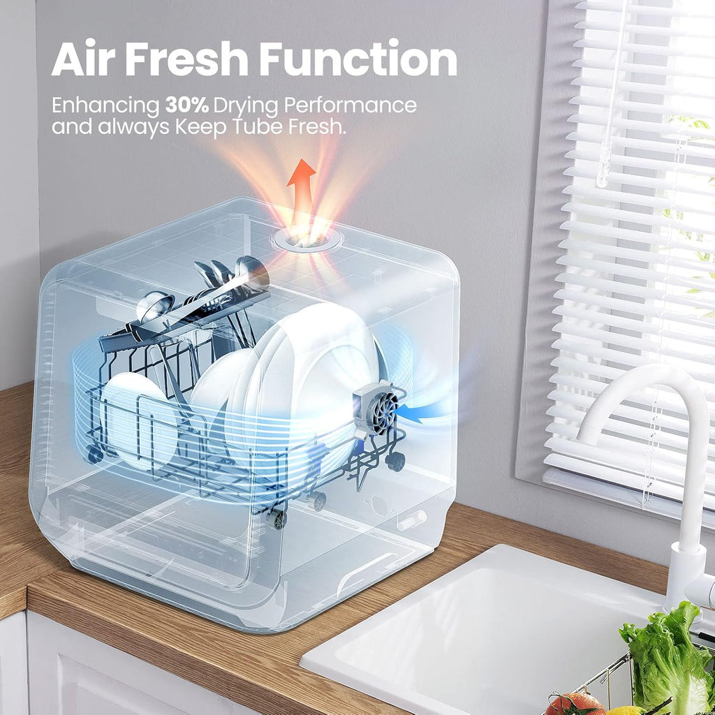 Portable Dishwasher Countertop with 5L Built-in Water Tank, No Hookup Needed, 6 Programs, 360° Dual Spray