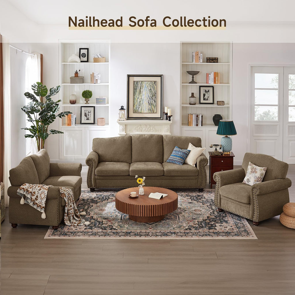Nailhead Sofa, 66 Inch Small Chenille Couch with Rolled Arms, Brown