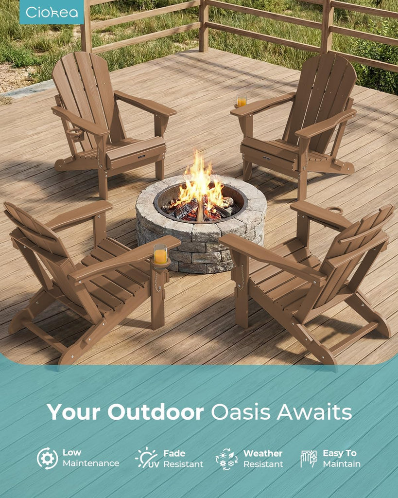 Folding Adirondack Chair 2 Pack, Patio Adirondack Chair Weather Resistant, Plastic Fire Pit Chair with Cup Holder
