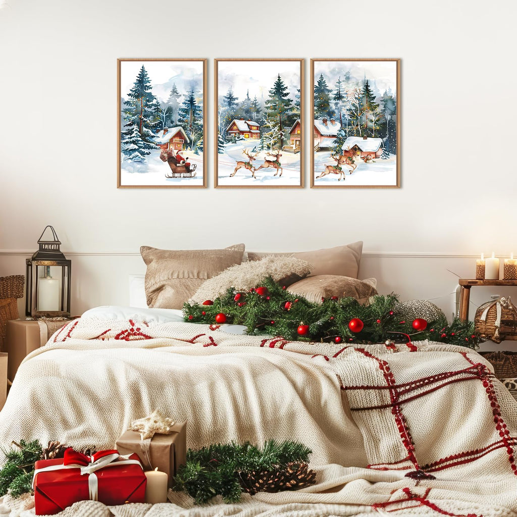 Christmas Santa Sleigh Deer Framed Canvas Wall Art Set -24"x36"x3