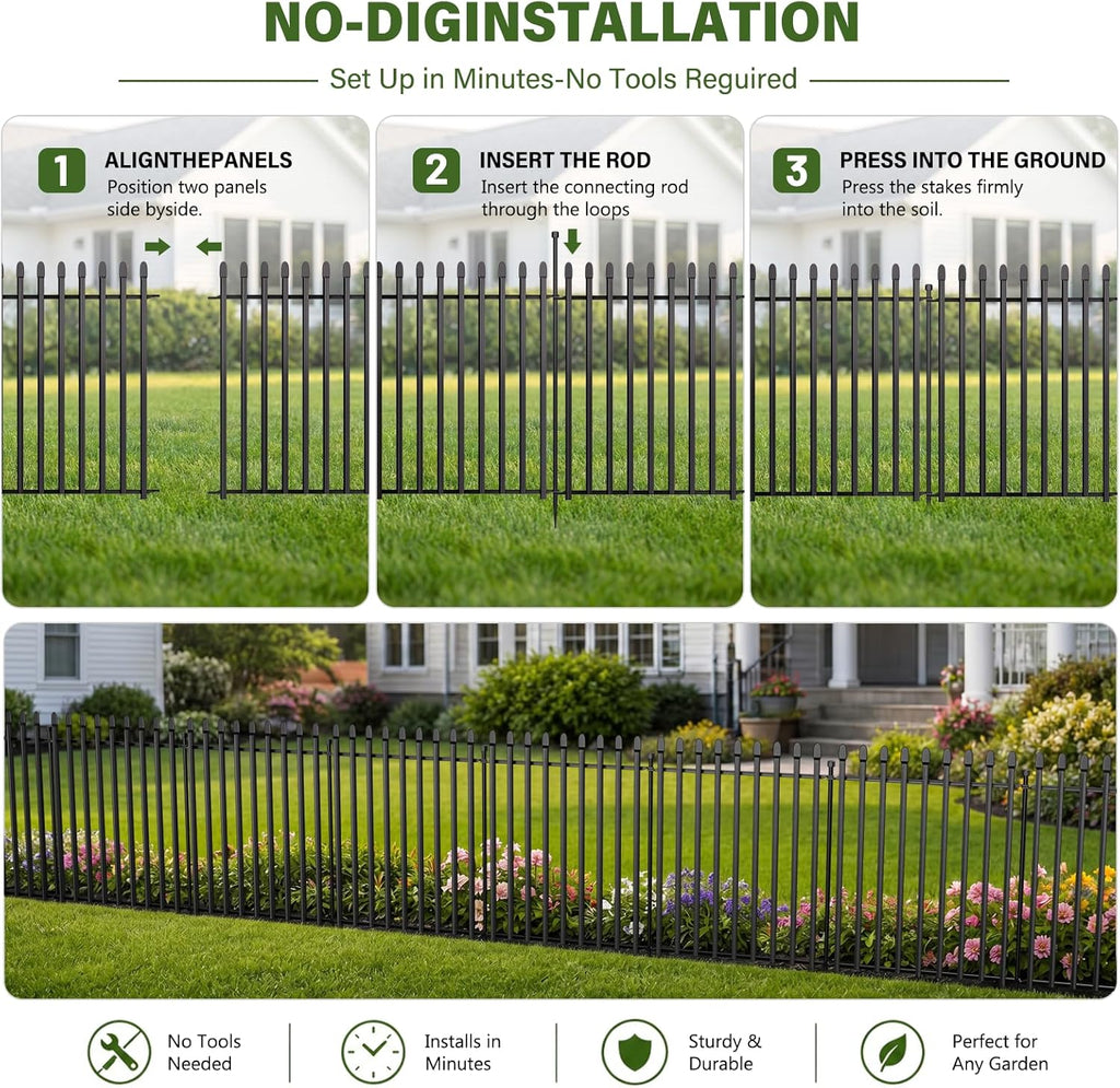 10 Panels No Dig Decorative Garden Fence with Gate, 32in(H) × 22ft(L) Heavy-Duty Rustproof Metal Panels, Outdoor Dog