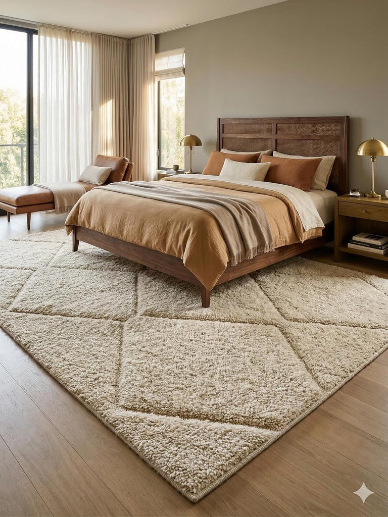Handmade Moroccan Berber Wool Rug 6' x 9', Textured Diamond Pattern, 100% Wool Plush Pile, Neutral Beige/Taupe