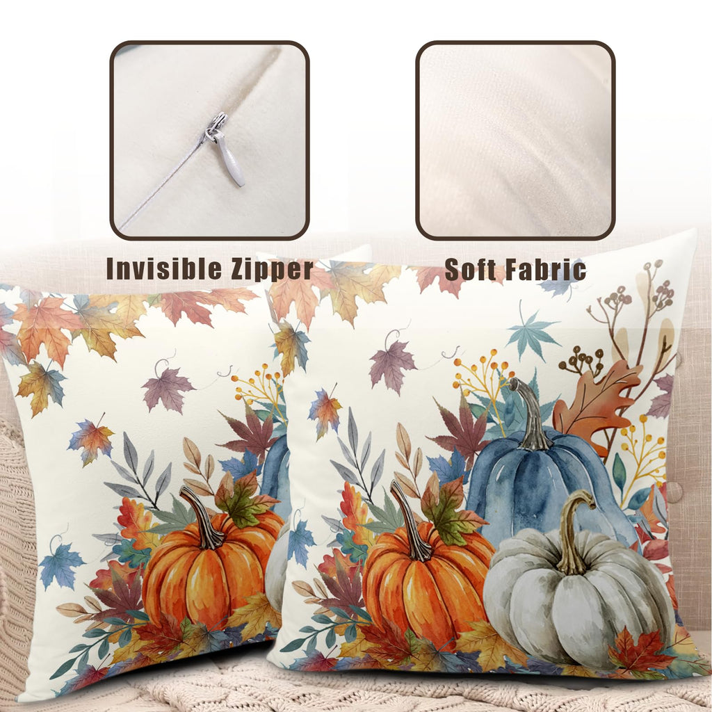 Fall Blue Orange Pumpkin Pillow Covers 20x20 Set of 2 Autumn Maple Leaves Outdoor Pillow Cases Thanksgiving Harvest