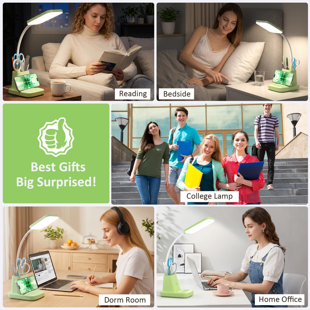 LED Desk Lamp with 10W Wireless Charging & Pen Holder, Light Green