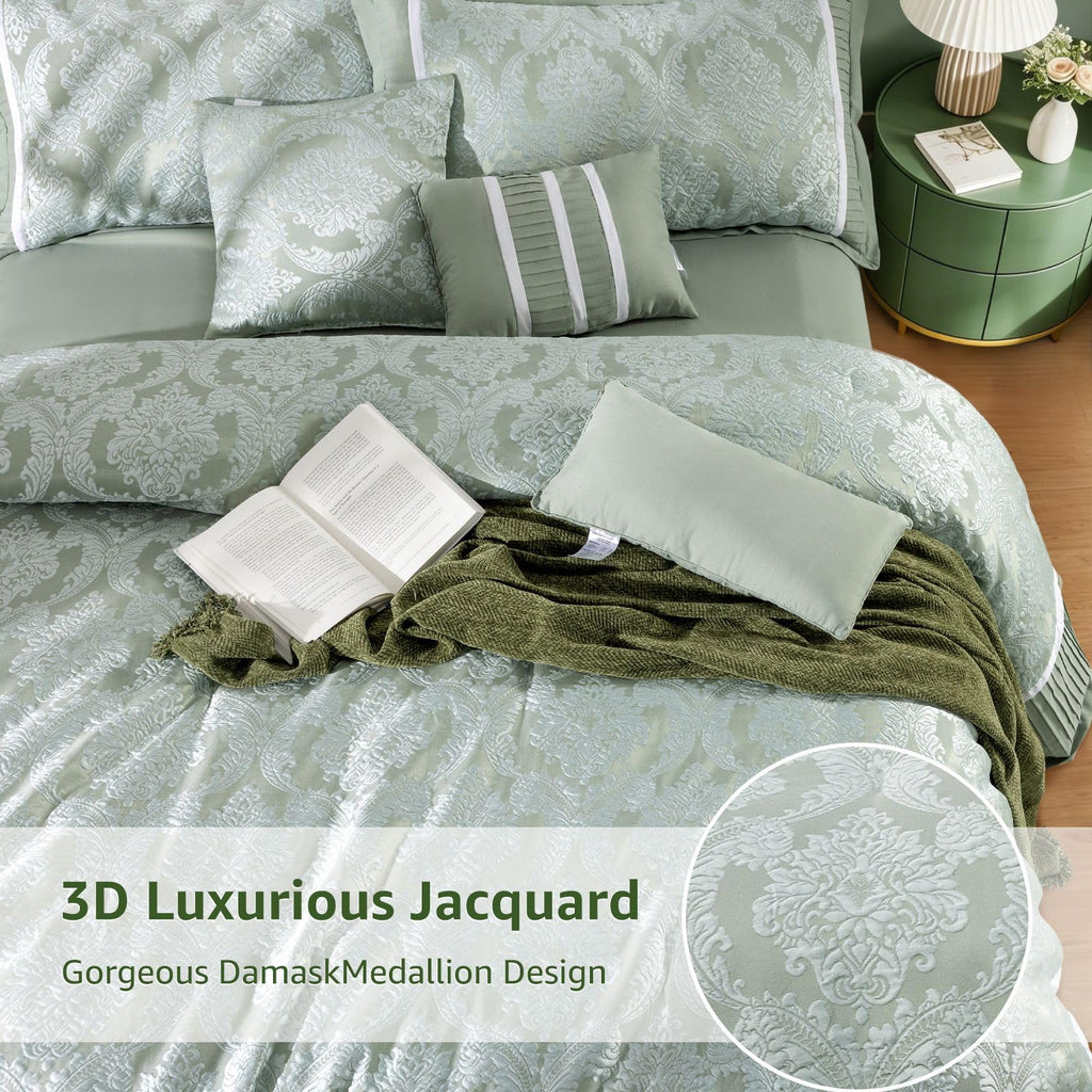 King Size Comforter Set 7 Piece, Jacquard Woven with Damask, Sage Green
