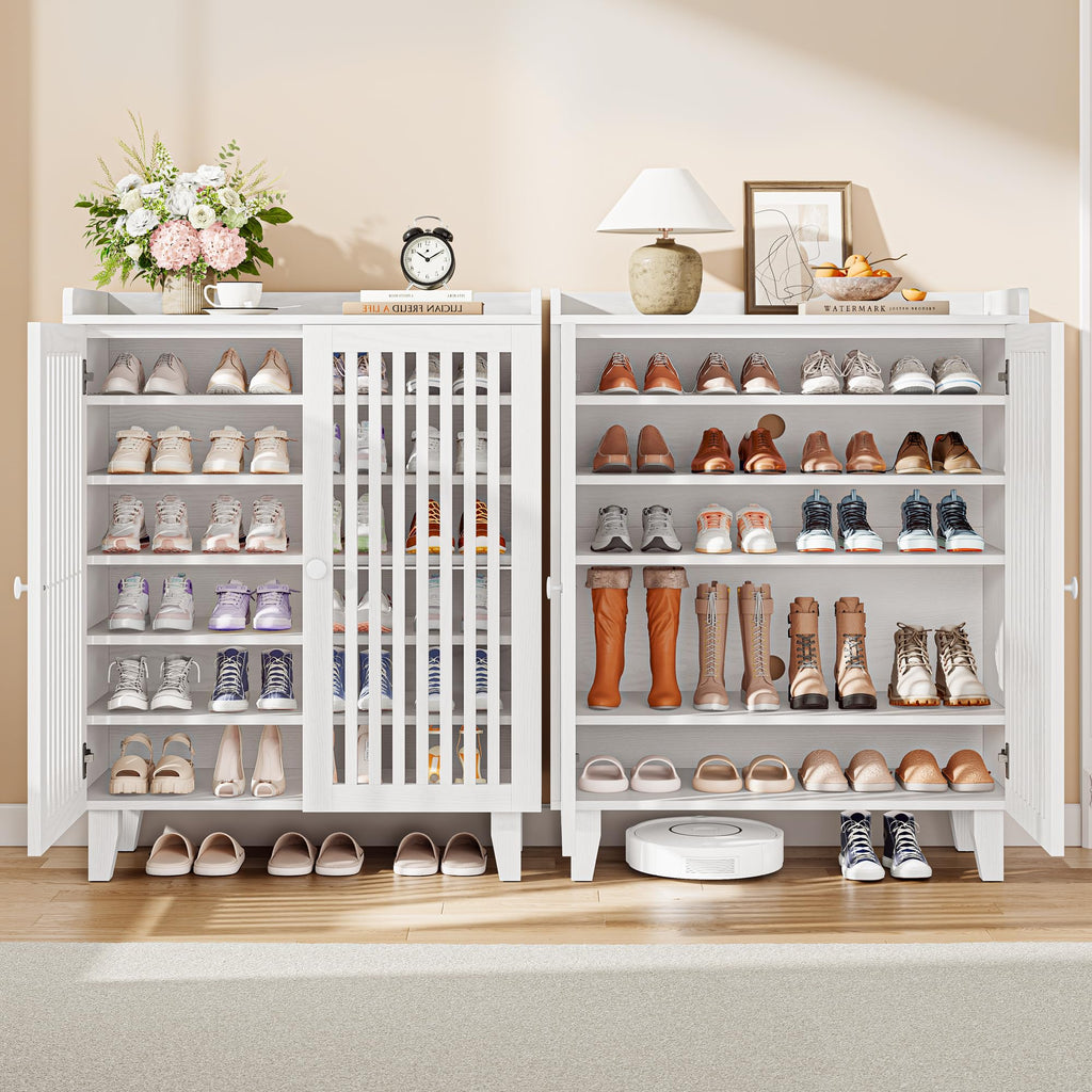 Shoe Cabinet with Slatted Doors, 6-Tier Shoe Storage Cabinet, White