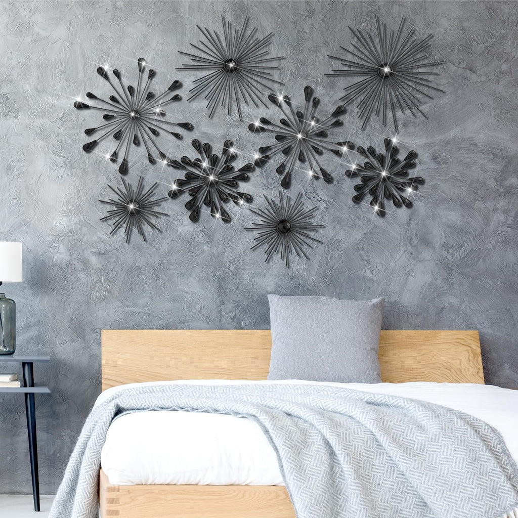 8 Pcs Metal Starburst Wall Art, 3D Crystal Teardrop Rhinestone Wall Sculptures, Modern Mid Century Hanging Accents