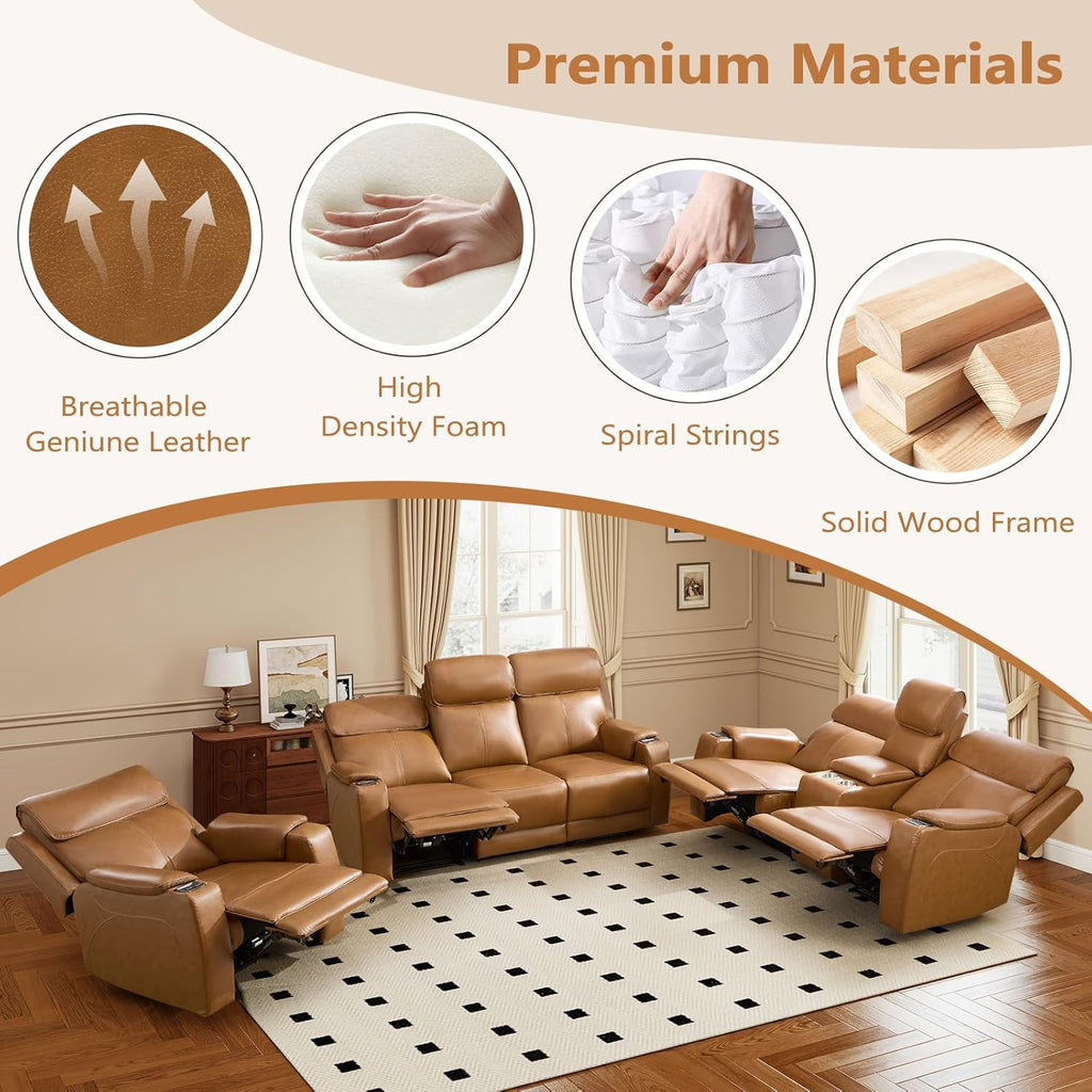 3-Piece Top Grain Leather Electric Recliner Sofa Set, Included Dual Motor Recliner with Power Headrest, Loveseat with