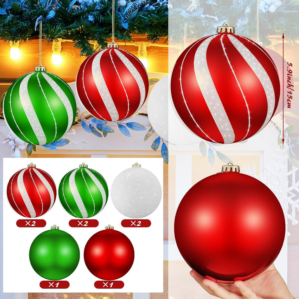 Set of 8 Large Christmas Ball Ornaments 6" Shatterproof