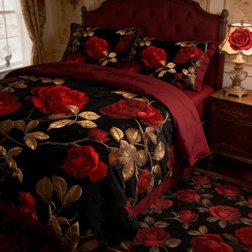 Black Red Rose Comforter Set King, 3Pcs Gothic Floral Bedding