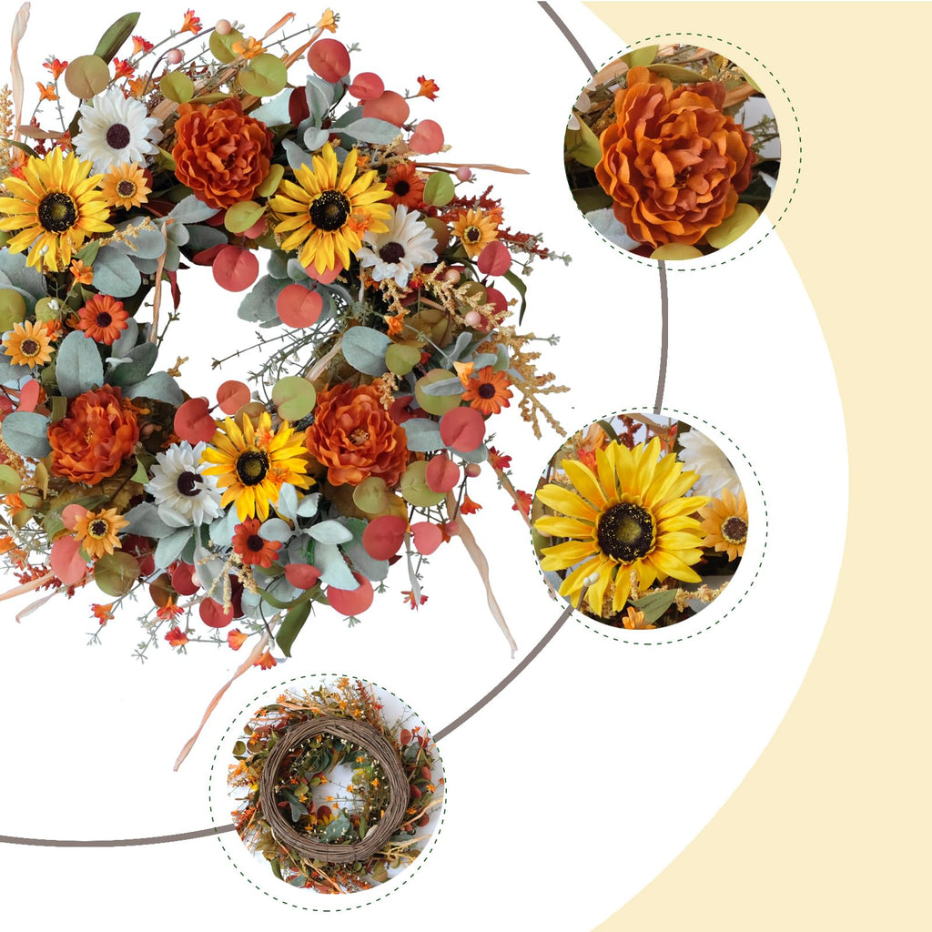 22 inch Artificial Autumn Peony Daisy Wreath Multiple Leaf Wreath