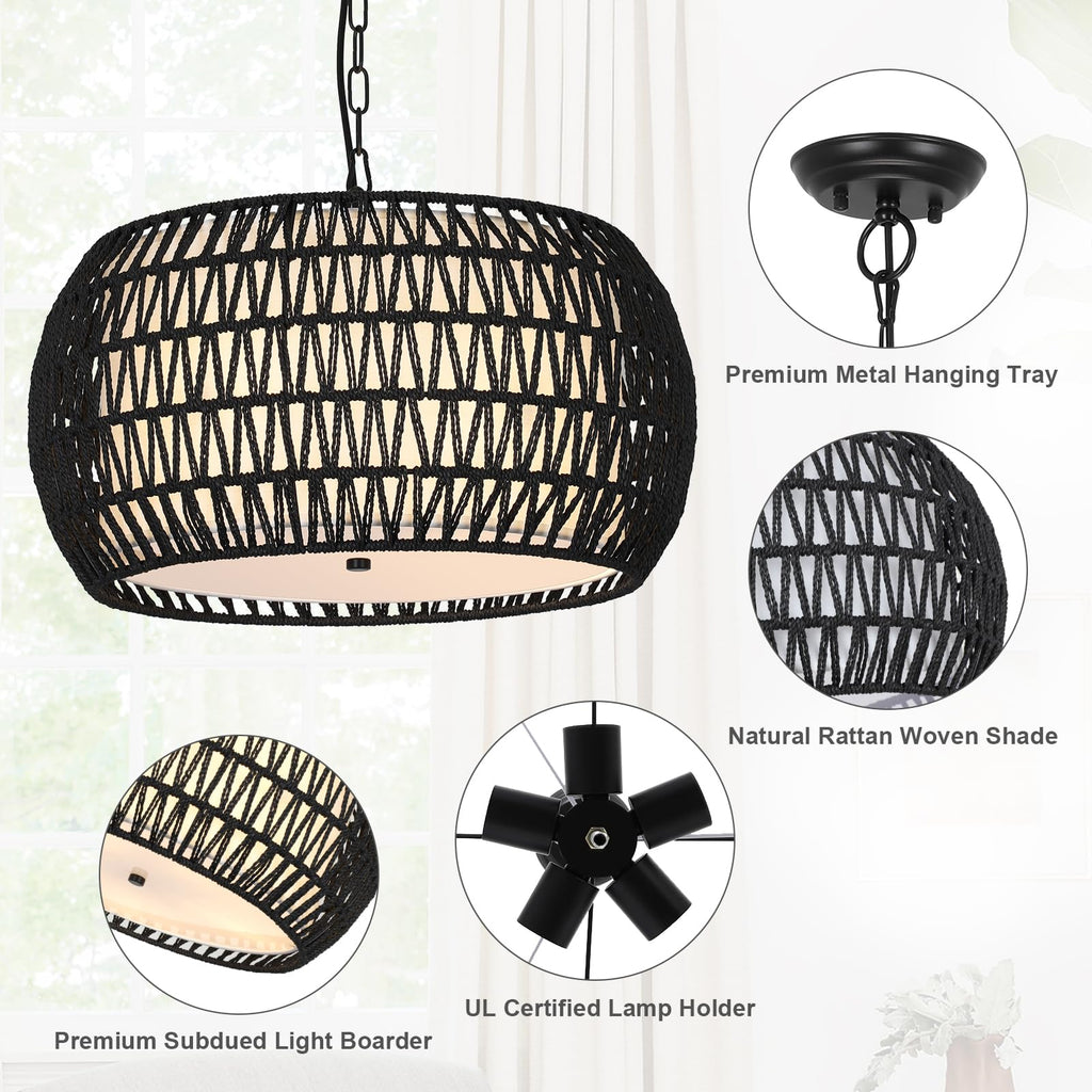 Farmhouse Chandeliers, 5-Lights Rattan Boho Chandelier Light Fixture, Black Woven Dining Room Light Fixture with