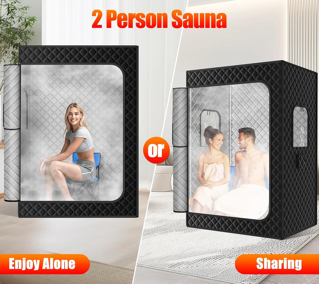 2 Person Sauna, Extra Large Sauna, Portable Steam Sauna Tent with 2 Steamers, 2 Folding Chair, 71”x 49”x 36”, Black