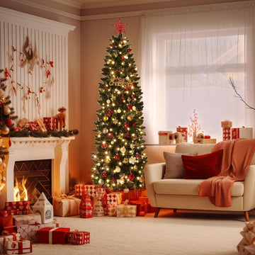 Christmas Trees with Lights ,Tall Pre-Lit Artificial Pencil Slim Christmas Trees with Dual Color LED