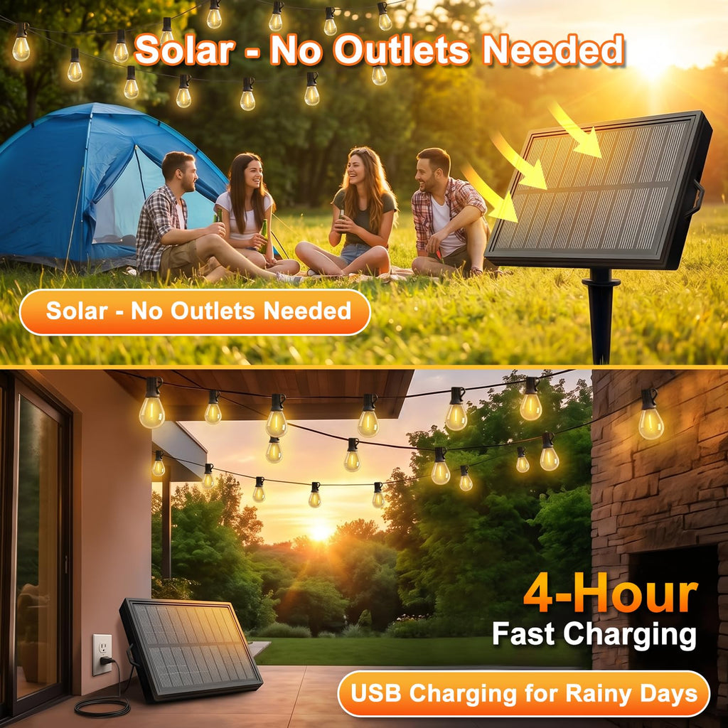 Solar String Lights Outdoor, IP65 Waterproof Shatterproof Dimmable LED Bulbs, Solar & USB Powered, 20+ Hrs Long