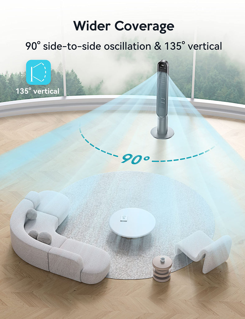 Tower Fan , 42" Quiet Floor Fan with 135° Vertical 90°Oscillation, 4 Modes, 4 Speeds, 15H Timers Standing bladeless