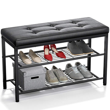 Shoe Bench with Mesh Seat, 2 Tier Storage Shoe Rack Entryway, Metal Frame, Easy Assembly Bench Shoe Organizer, Black