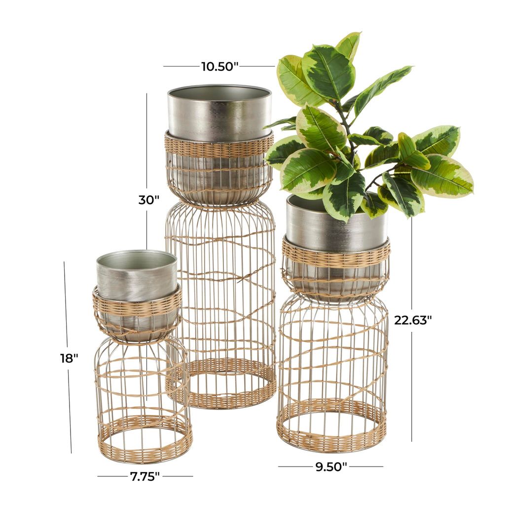 Metal Indoor Planter Textured Dome Large Planter Pot with Woven Rattan and Caged Rod Pedestal Base, Set of 3 Planters