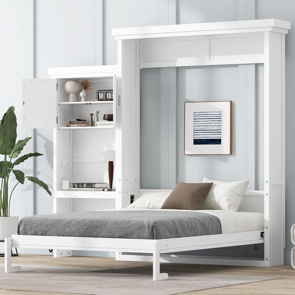 Queen Farmhouse Murphy Bed with Storage Cabinet and Shelves, Wooden Hidden Foldable Wall Bed Frame, Murphy Wall Bed