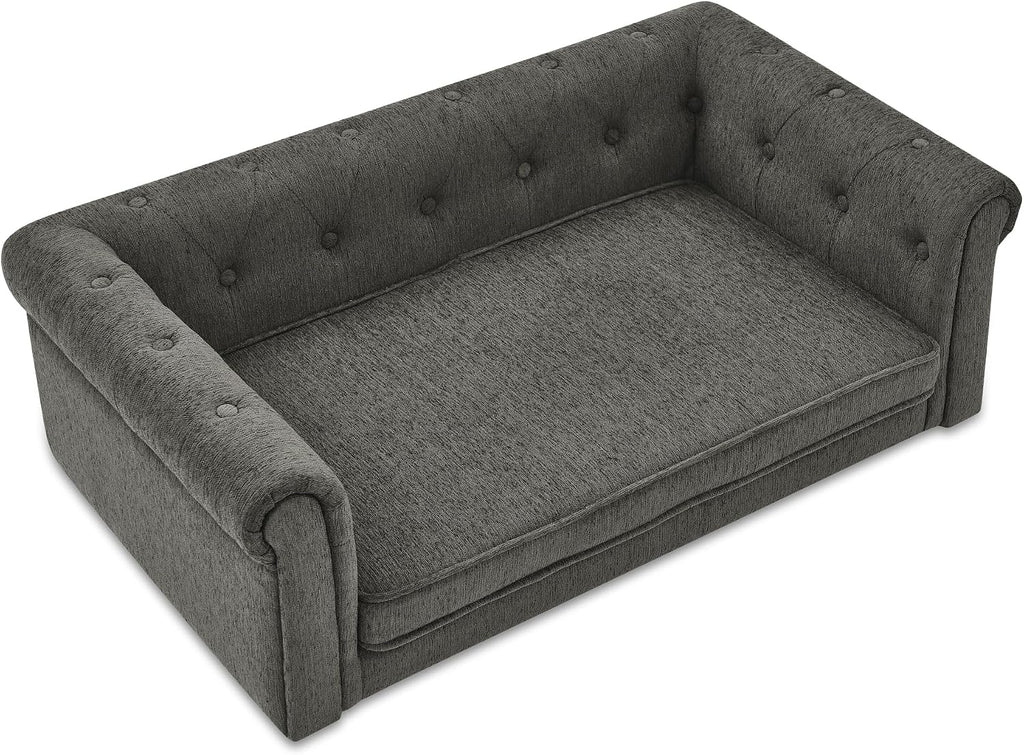 Elevated Dog Sofa with Backrest and Armrests, Button Tufted Dog Couch Bed with Soft Cushion for Medium Dogs, Stylish