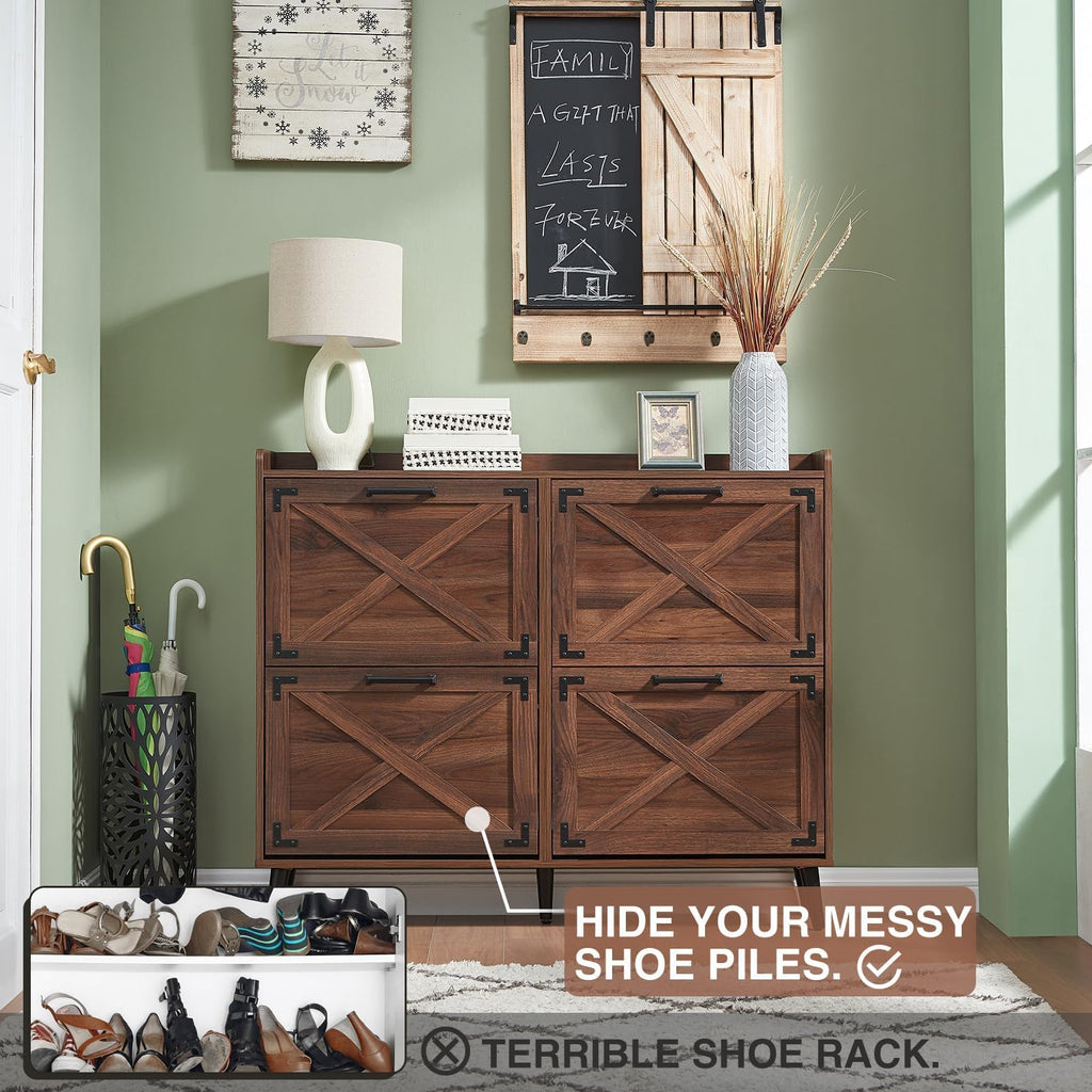 Farmhouse Shoe Storage Cabinet, Shoe Organizer with 4 Flip Drawers