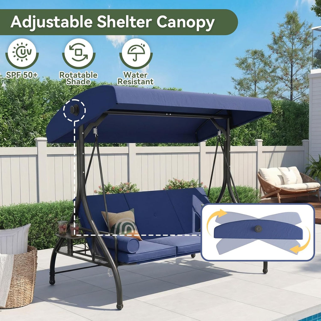 Outdoor Porch Swing with Stand and Canopy, 3 Seats Outdoor Swings for Adults, Convertible 2 in 1 Swing Bed with Cup