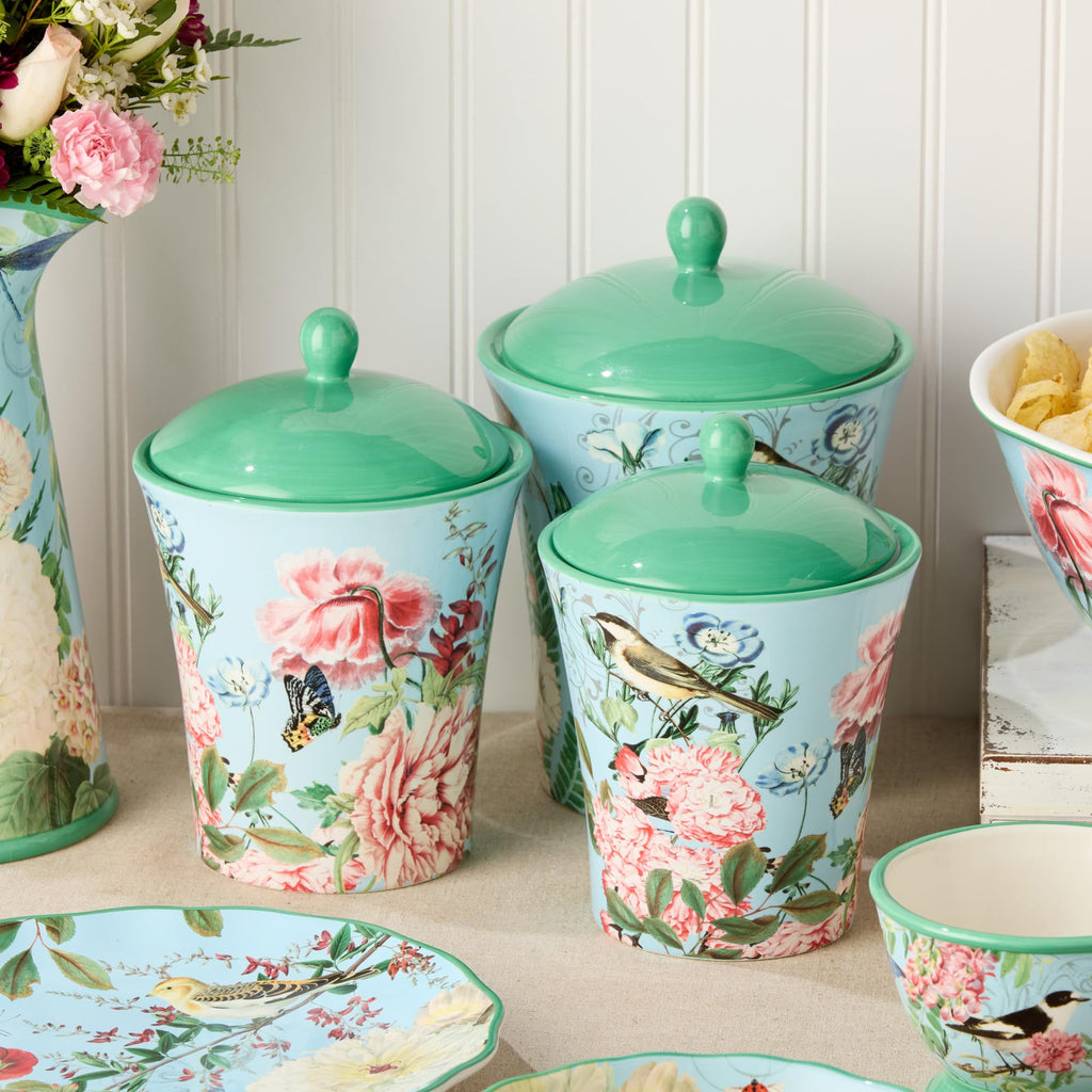 Flora Ceramic Canister Set - 3-Piece Airtight Storage Jars with Pastel Floral, Butterfly, and Dragonfly Designs