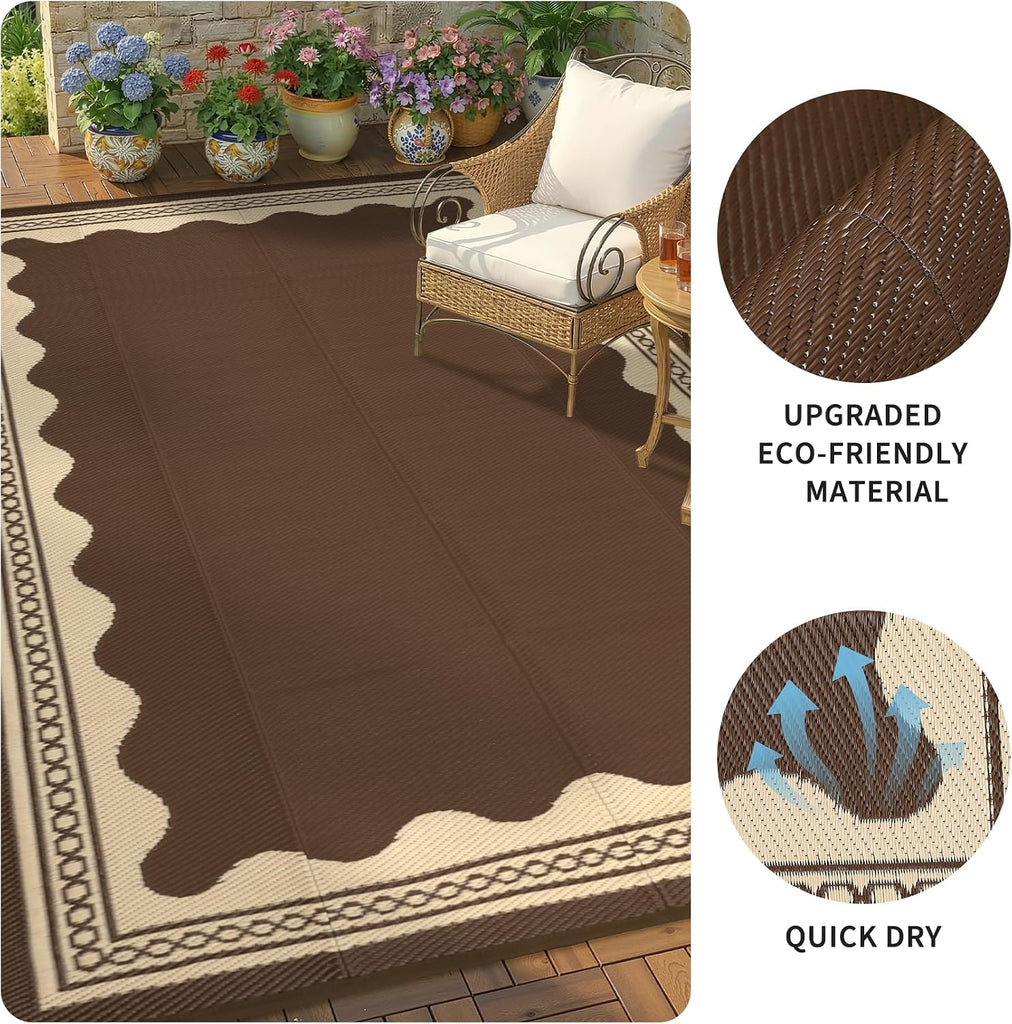 Outdoor Rug Scalloped Waterproof Patio RV Outdoor Rugs Reversible Foldable Plastic Straw Rug Modern Camping