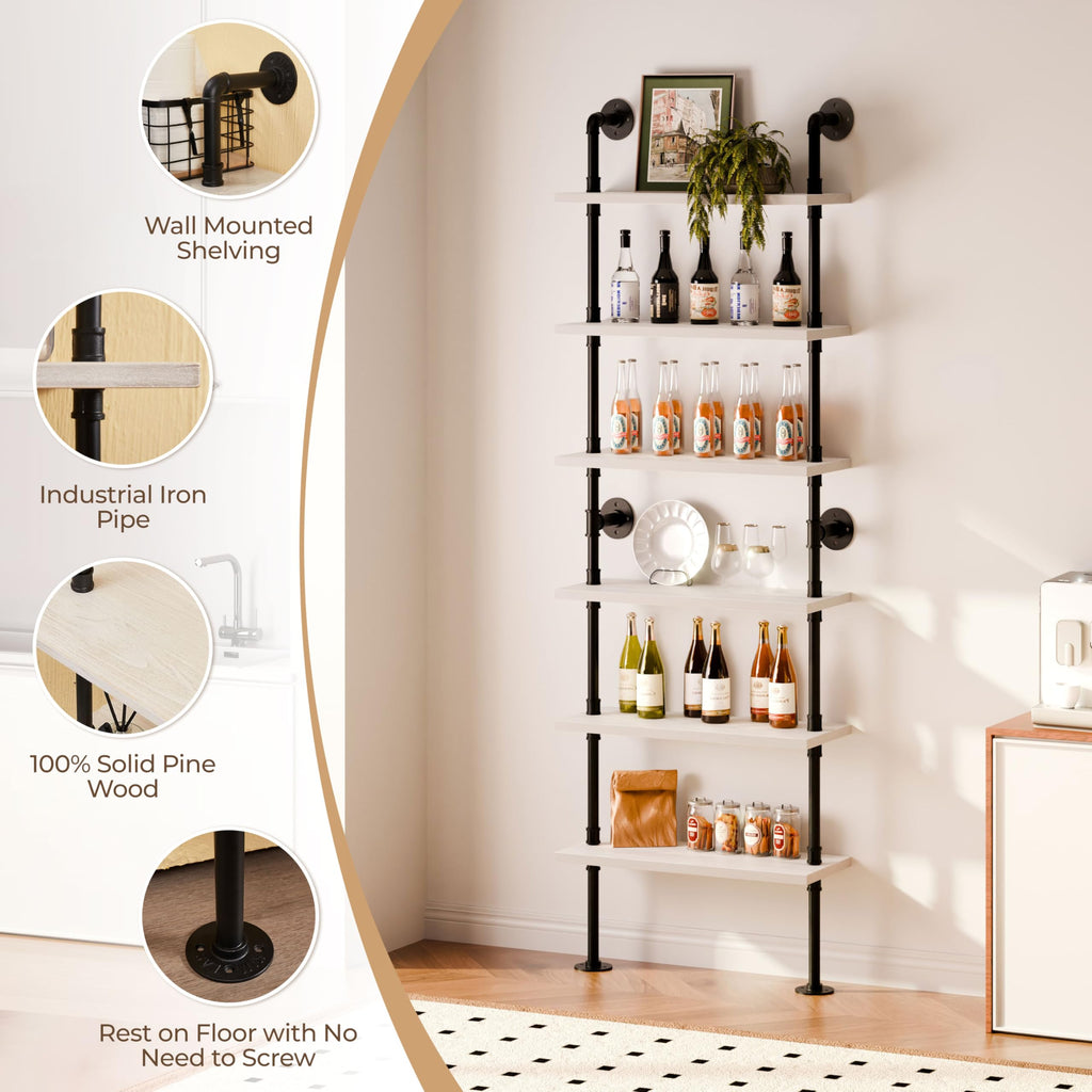 Industrial Pipe Bookshelf, Wall Mounted Shelf, 30 Inch, White