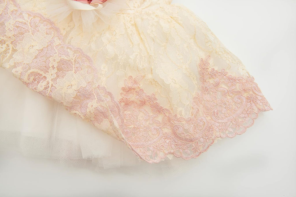 Newborn Baby Girl Lace Dress Set, 4 Pieces Outfit for Special Occasions (US, Age, 0 Months, Pink, Ivory, Pearl.)