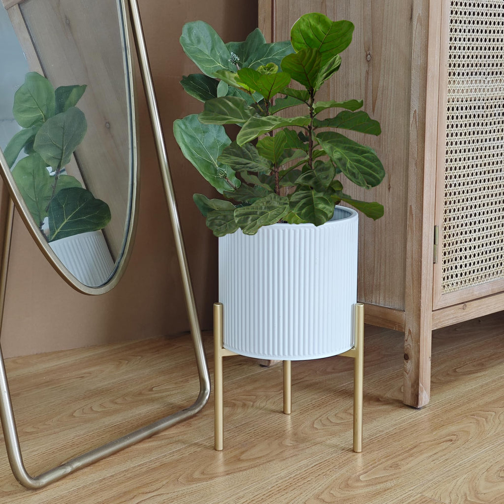 Modern Planter Pots, Set of 2 Round Large Planters with Stand, Decorative Floor Planters, Metal Pots with Drainage