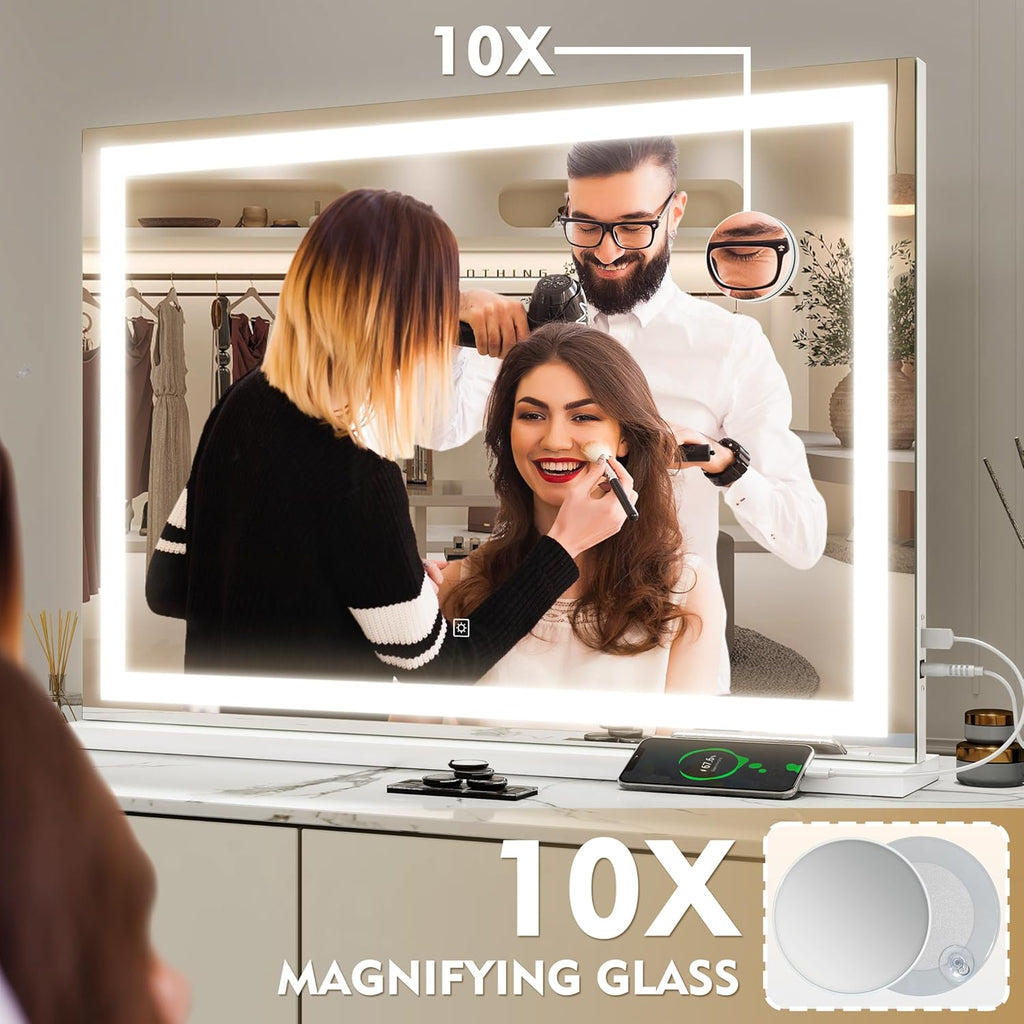 Vanity Mirror with Lights, 32" x 22" Large Lighted Vanity Mirror with Dimmable 3 Modes, LED Makeup Mirror, USB