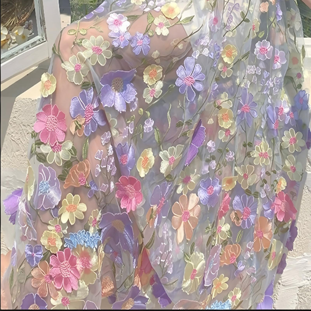 1Yard Blue Embroidery Fabric, Latest Elegant Classic3D Colored Flowers Embroidery Heavior Tulle Lace Fabric for DIY