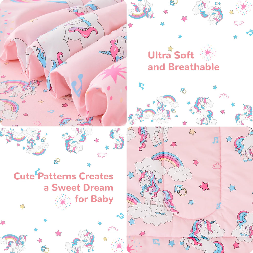 Pink Unicorn Toddler Bedding Set for Girls, 4 Piece Bed-in-a-Bag Toddler Comforter Sets, Super Soft and Comfortable
